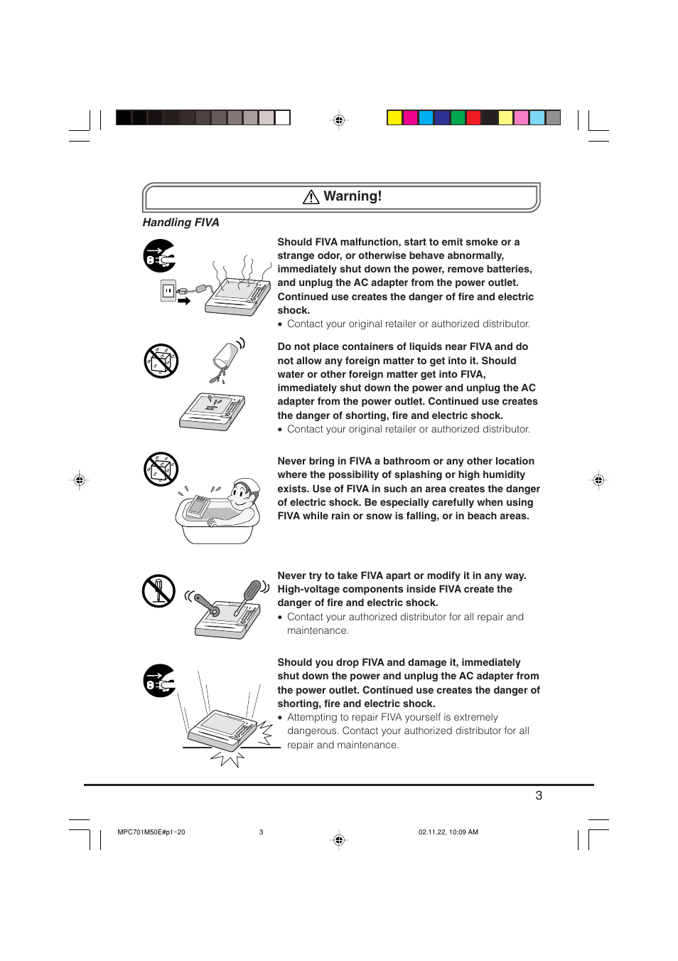 Warning, Handling fiva | Casio MPC-701 User Manual | Page 5 / 160