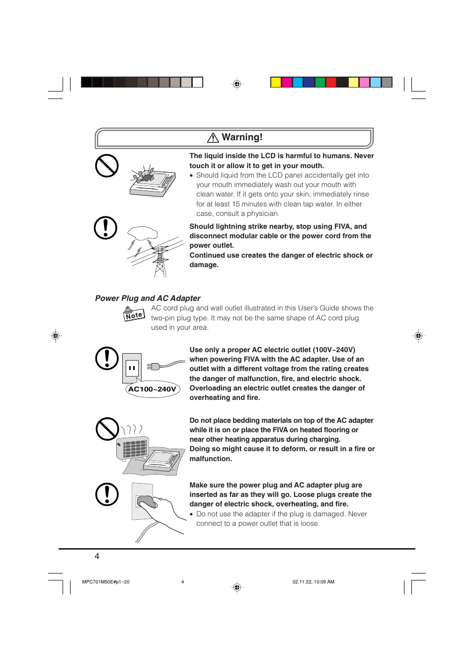 Warning, Power plug and ac adapter | Casio MPC-701 User Manual | Page 6 / 160