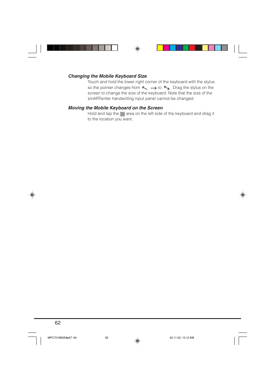 Changing the mobile keyboard size, Moving the mobile keyboard on the screen | Casio MPC-701 User Manual | Page 64 / 160