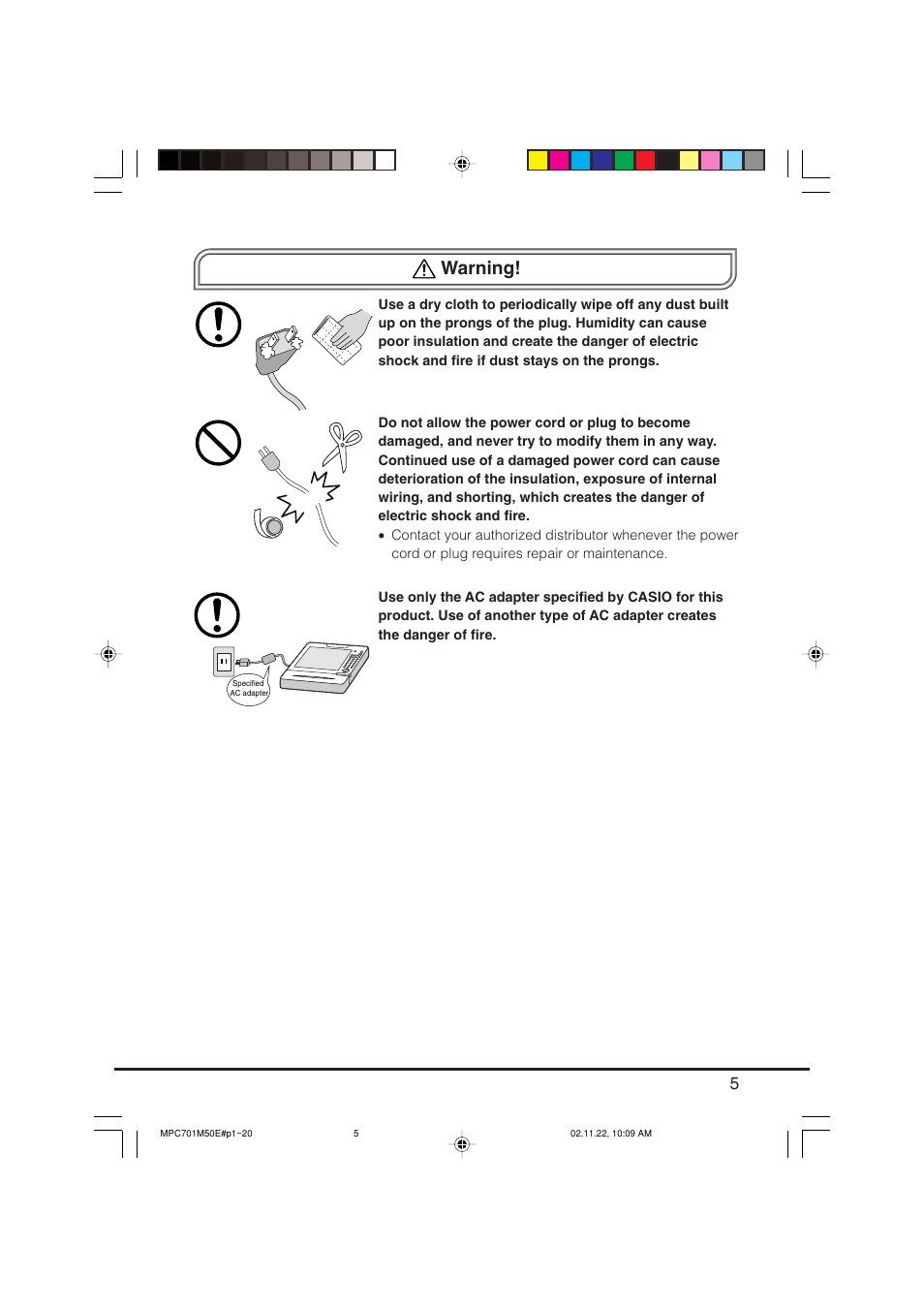 Warning | Casio MPC-701 User Manual | Page 7 / 160