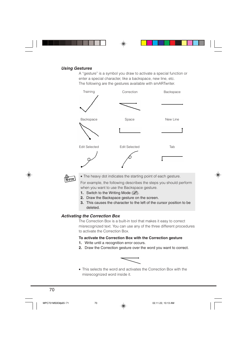 Using gestures, Activating the correction box | Casio MPC-701 User Manual | Page 72 / 160