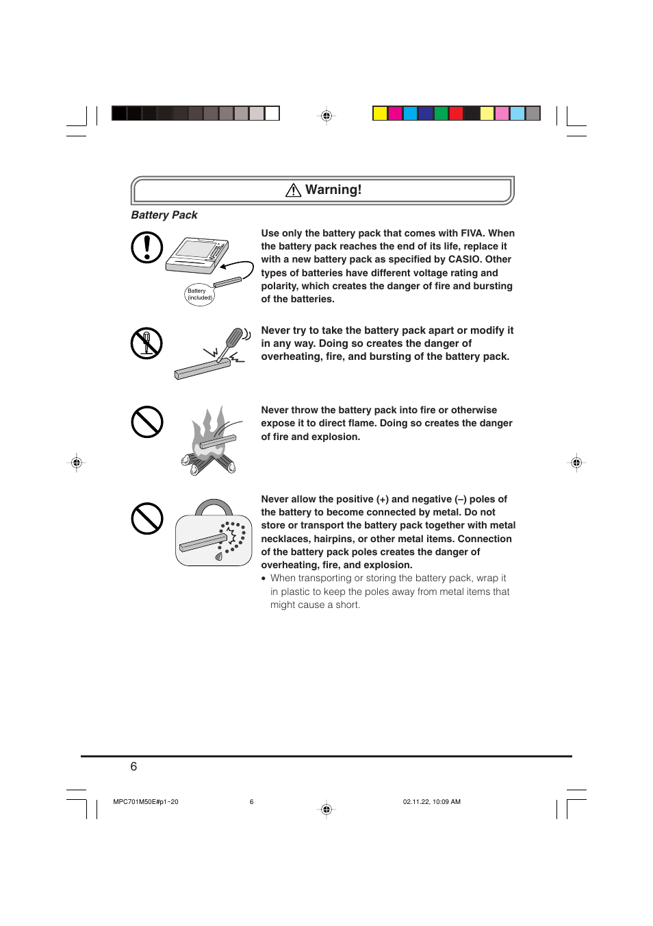 Warning, Battery pack | Casio MPC-701 User Manual | Page 8 / 160