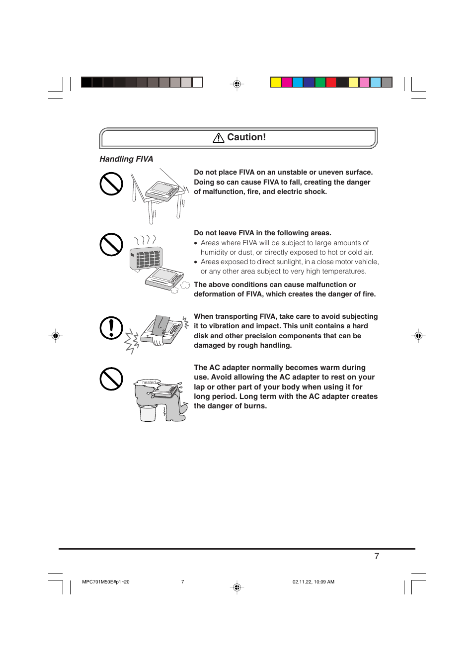 Caution, Handling fiva | Casio MPC-701 User Manual | Page 9 / 160