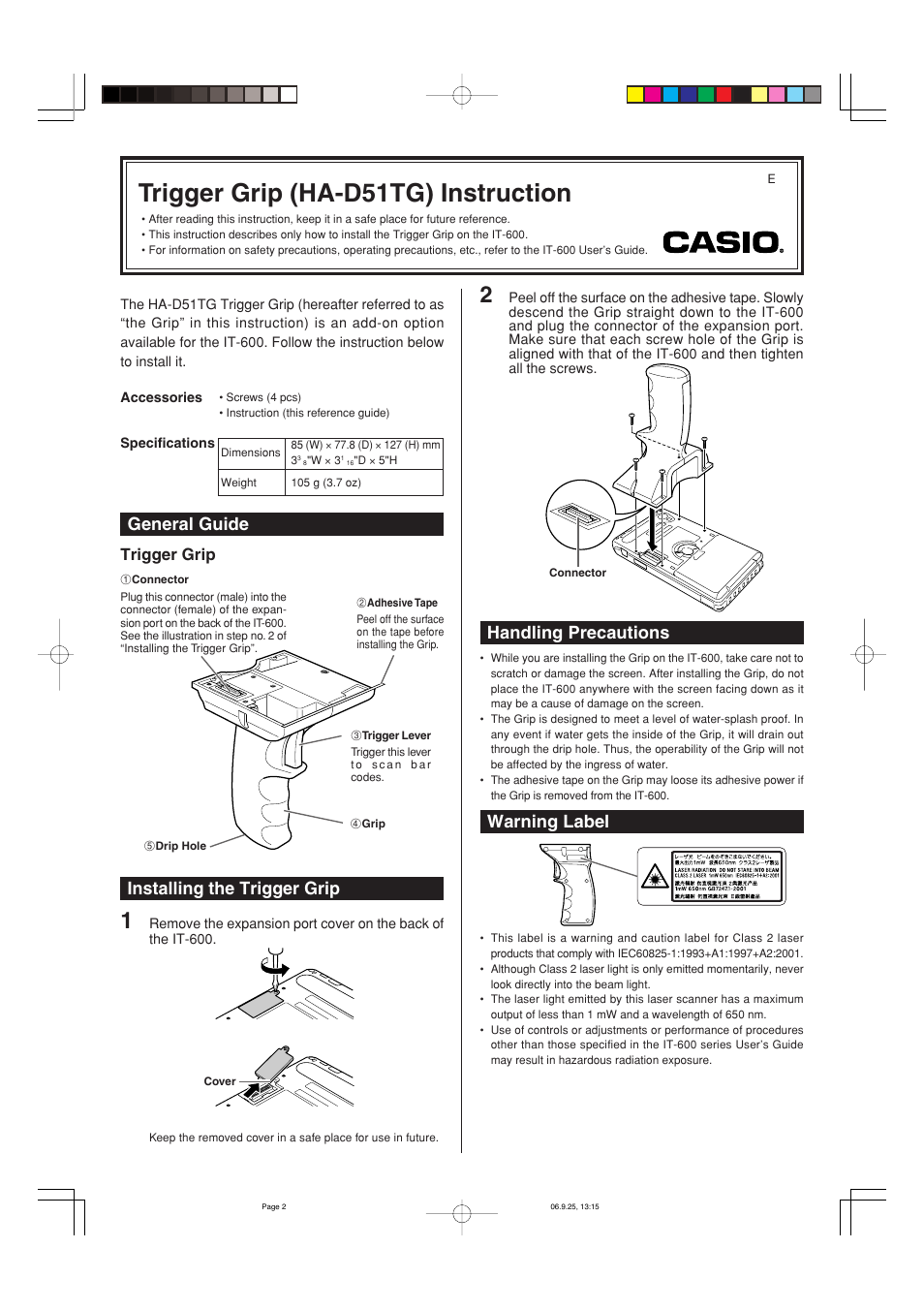 Trigger grip (ha-d51tg) instruction, General guide installing the trigger grip, Warning label handling precautions | Trigger grip | Casio HA-D51TG User Manual | Page 3 / 4