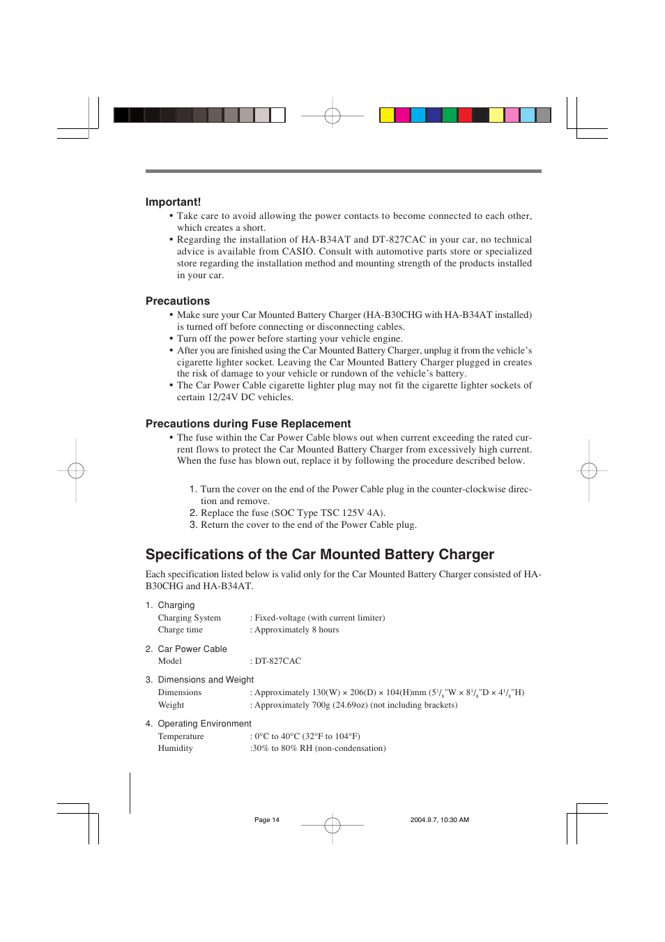 Specifications of the car mounted battery charger | Casio HA-B34AT User Manual | Page 14 / 24