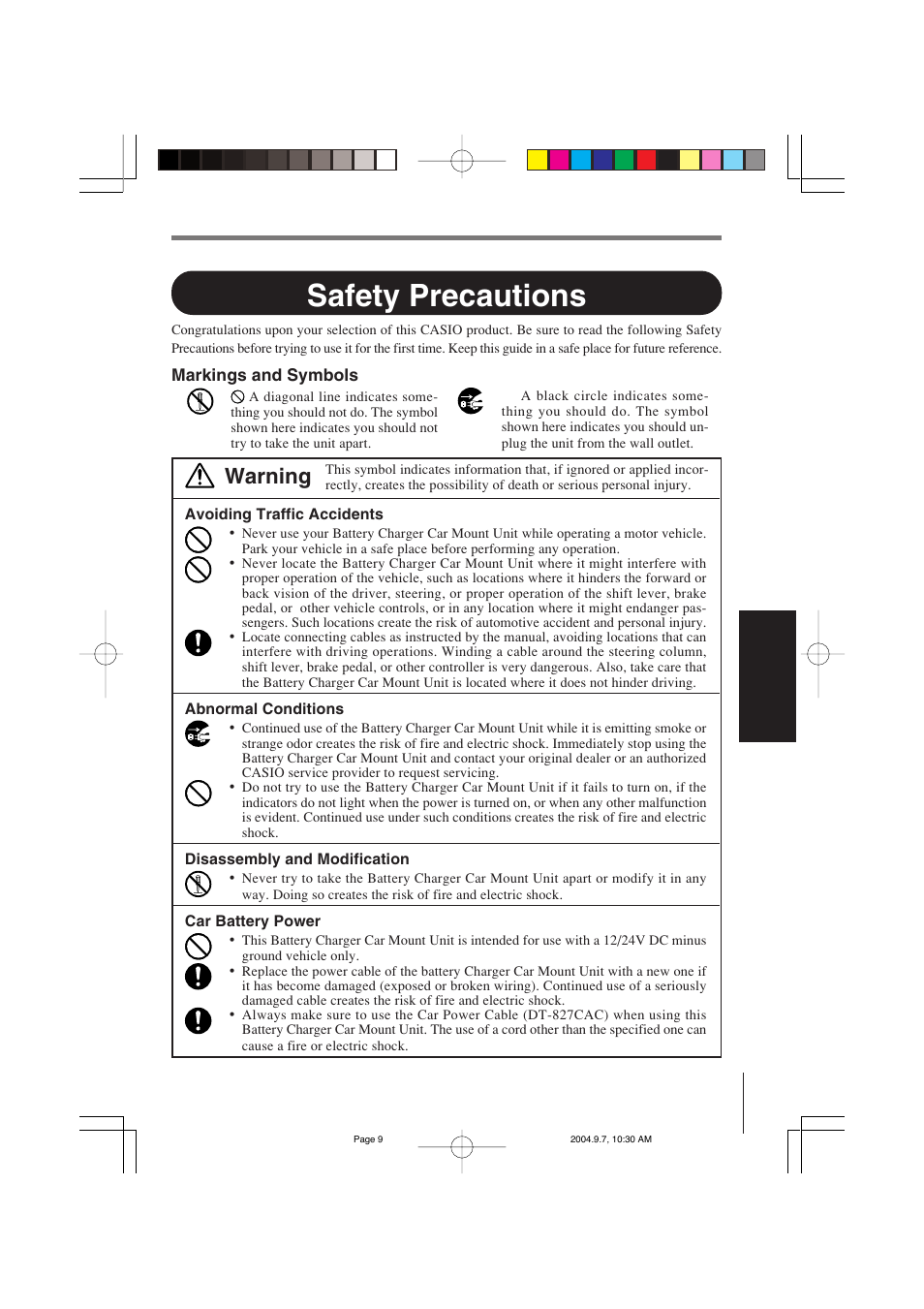 Safety precautions, Warning | Casio HA-B34AT User Manual | Page 9 / 24