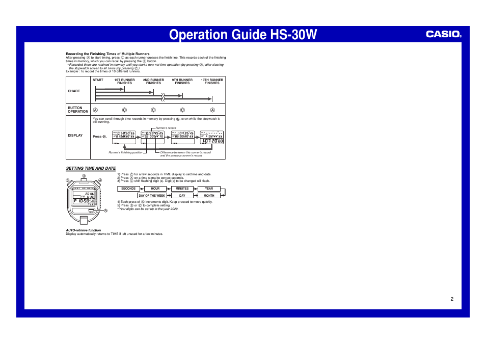 Setting time and date, Operation guide hs-30w | Casio HS-30W User Manual | Page 2 / 2
