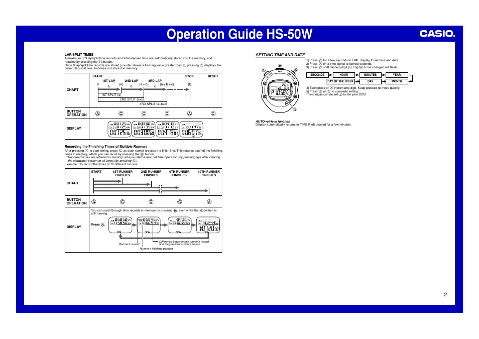 Setting time and date, Operation guide hs-50w | Casio HS-50W User Manual | Page 2 / 2