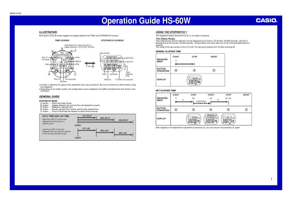 Casio HS-60W User Manual | 2 pages