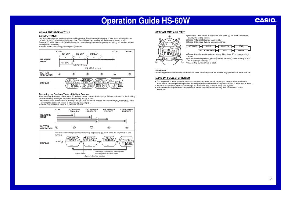 Using the stopwatch 2, Setting time and date, Care of your stopwatch | Operation guide hs-60w | Casio HS-60W User Manual | Page 2 / 2