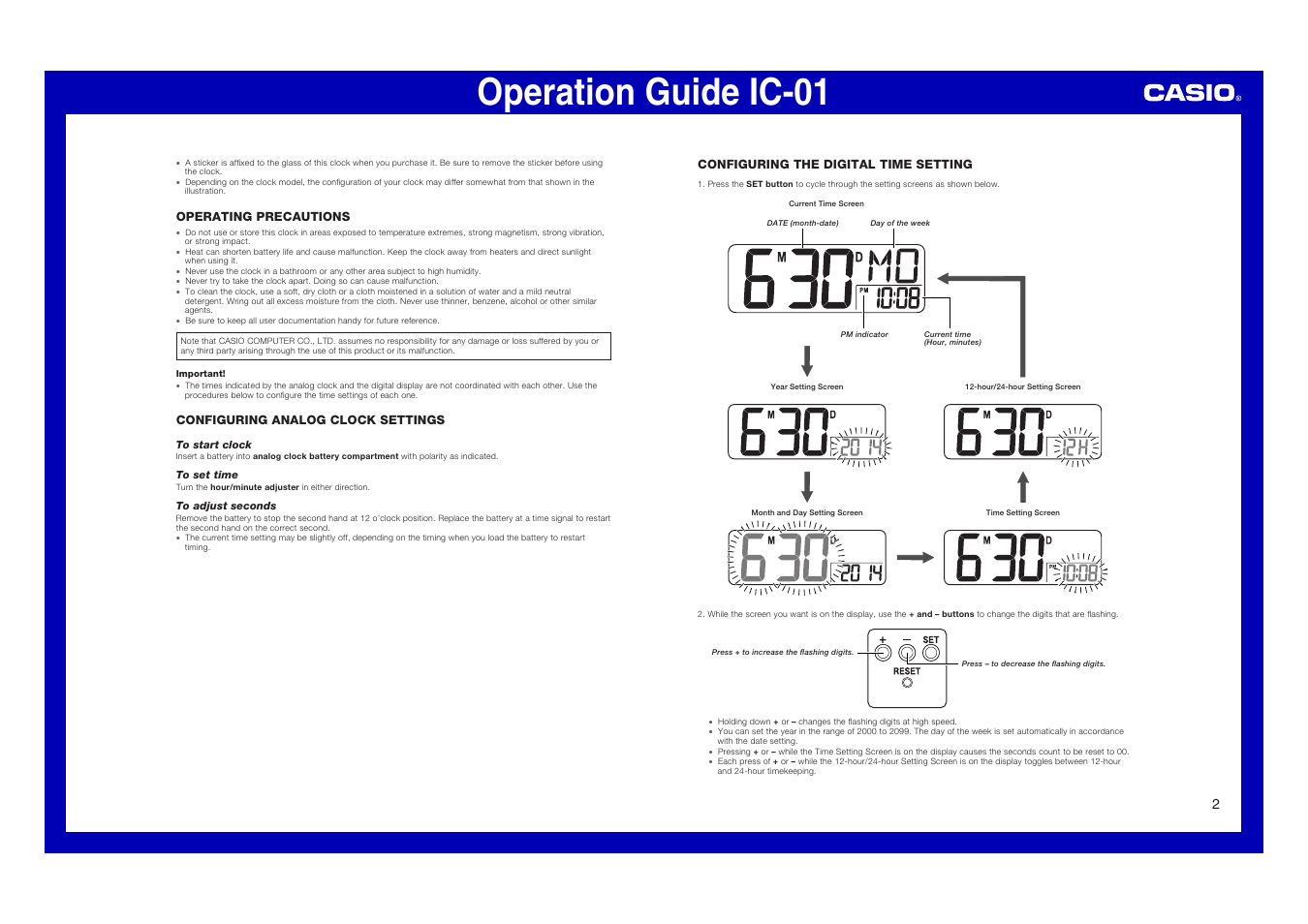 Operating precautions, Configuring analog clock settings, Configuring the digital time setting | Operation guide ic-01 | Casio IC-01 User Manual | Page 2 / 3