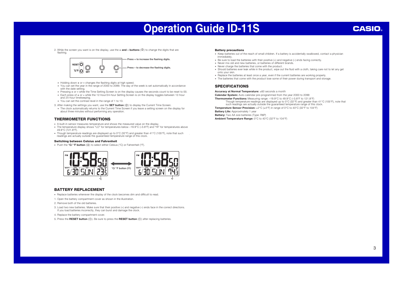 Operation guide id-11s | Casio ID-11S User Manual | Page 3 / 3