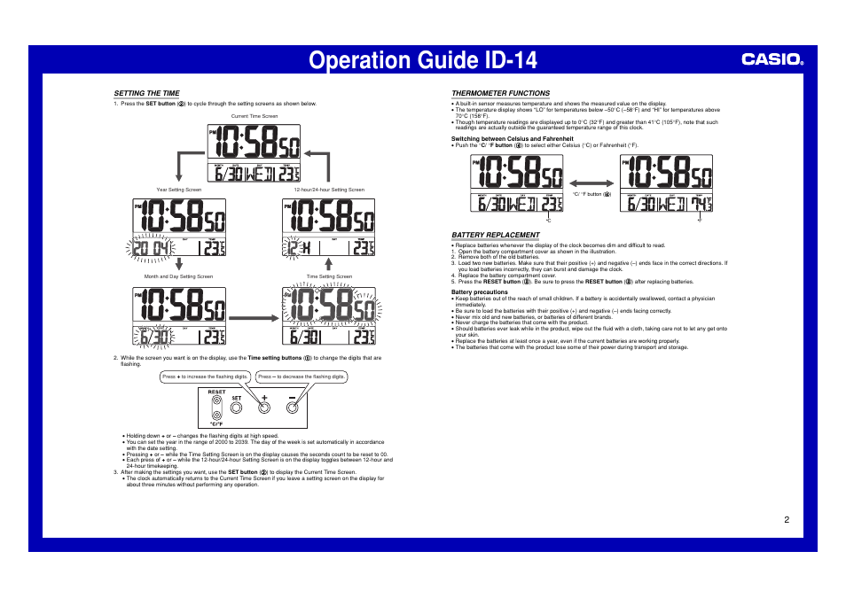 Setting the time, Thermometer functions, Battery replacement | Operation guide id-14 | Casio ID-14 User Manual | Page 2 / 2