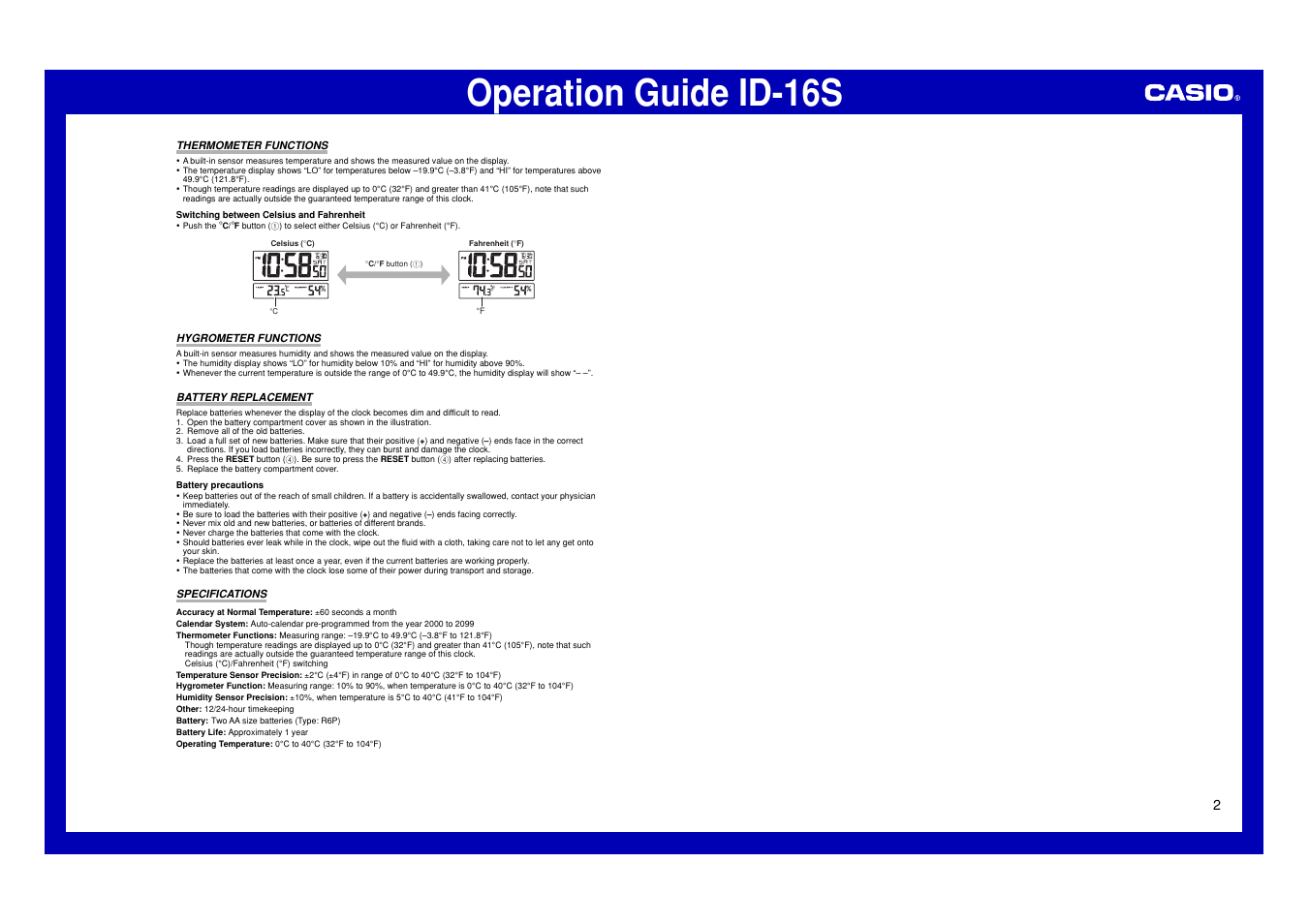 Thermometer functions, Hygrometer functions, Battery replacement | Specifications, Operation guide id-16s | Casio ID-16S User Manual | Page 2 / 2