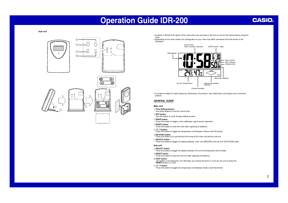 Illustration 2, General guide, Operation guide idr-200 | Casio IDR-200 User Manual | Page 2 / 6