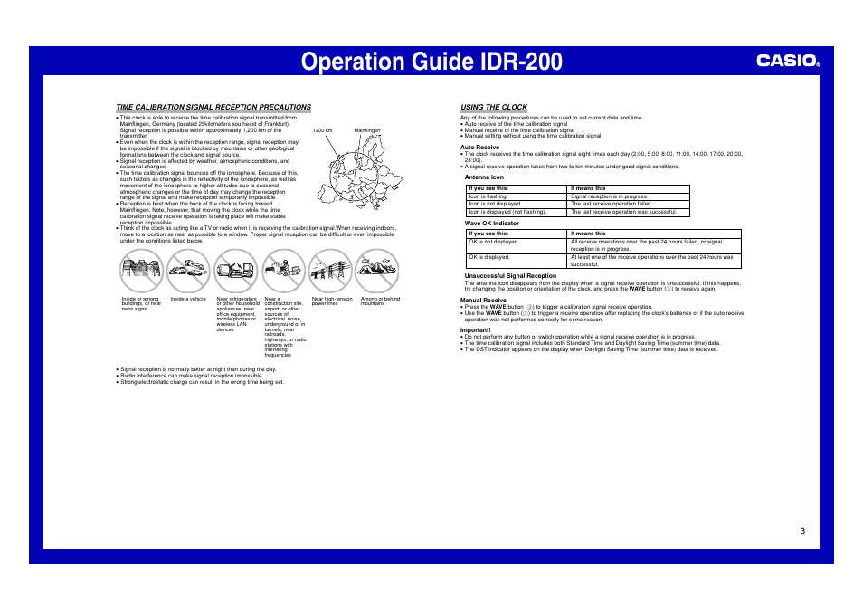 Time calibration signal reception precautions, Using the clock, Operation guide idr-200 | Casio IDR-200 User Manual | Page 3 / 6