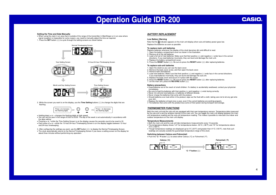 Battery replacement, Thermometer functions, Operation guide idr-200 | Casio IDR-200 User Manual | Page 4 / 6