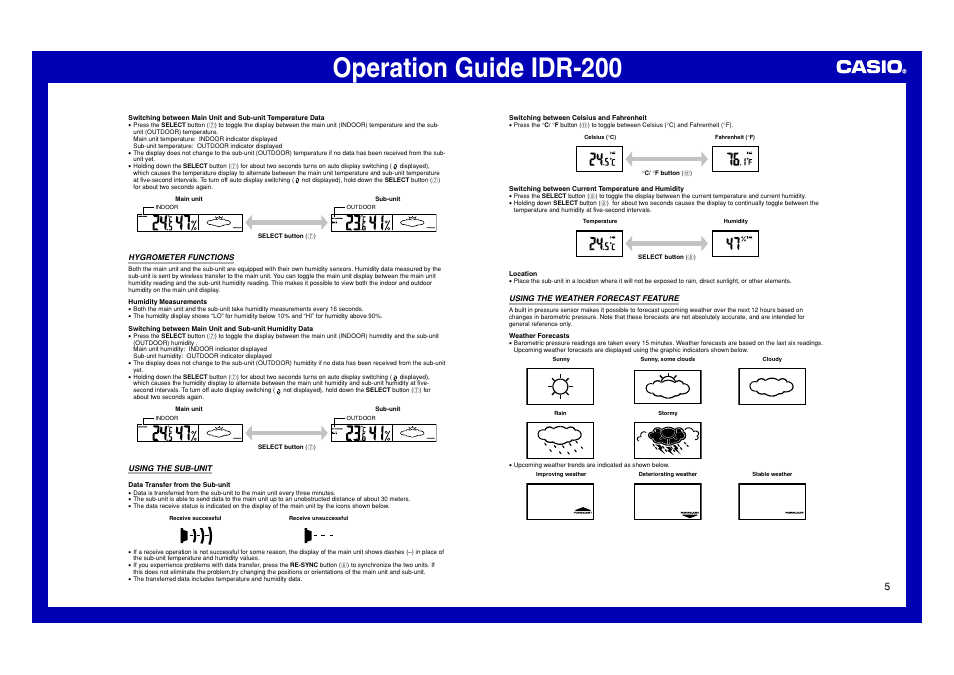 Hygrometer functions, Using the sub-unit, Using the weather forecast feature | Operation guide idr-200 | Casio IDR-200 User Manual | Page 5 / 6