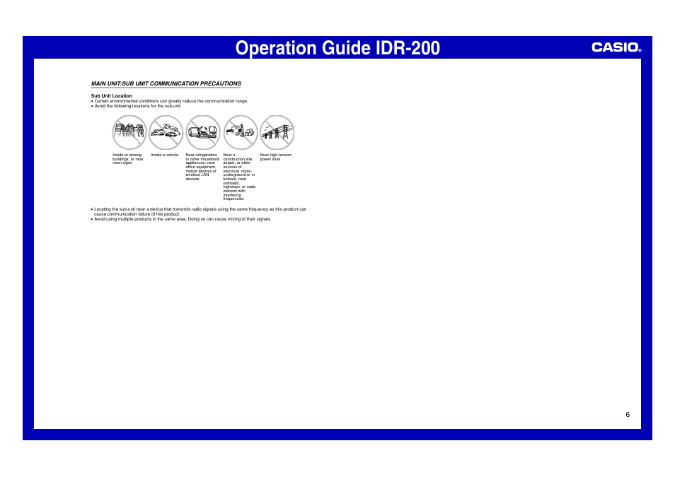 Main unit/sub unit communication precautions, Operation guide idr-200 | Casio IDR-200 User Manual | Page 6 / 6