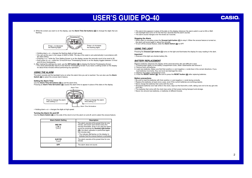 Using the alarm, Using the light, Battery replacement | User’s guide pq-40 | Casio PQ-40 User Manual | Page 2 / 2