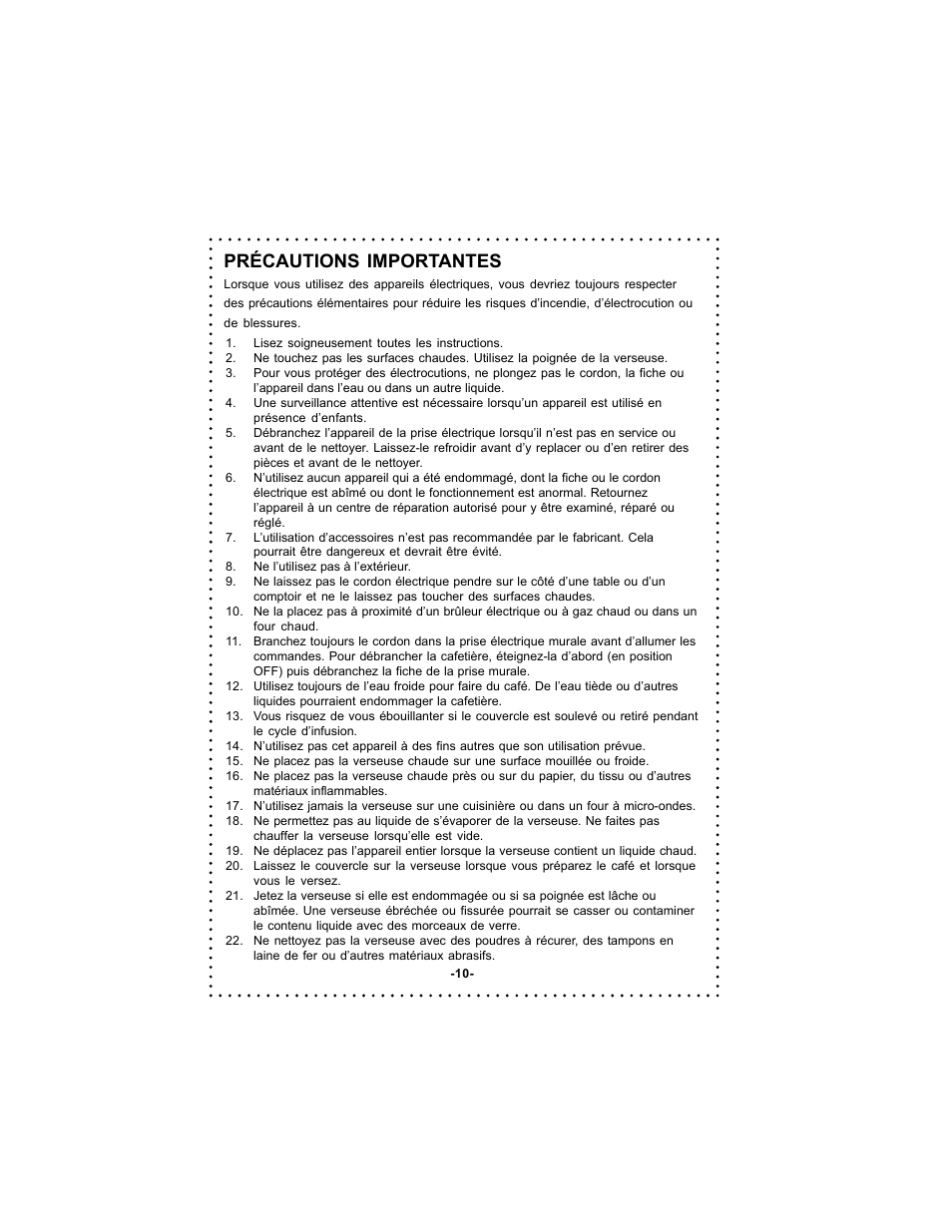 Précautions importantes | DeLonghi Coffee Makers User Manual | Page 10 / 38