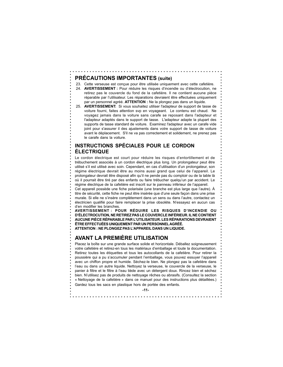 Précautions importantes, Avant la première utilisation | DeLonghi Coffee Makers User Manual | Page 11 / 38