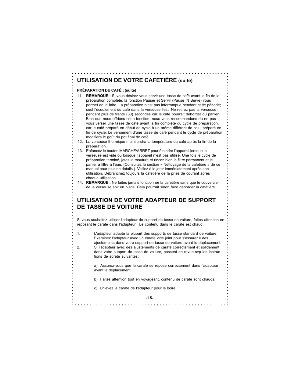 Utilisation de votre cafetière | DeLonghi Coffee Makers User Manual | Page 15 / 38