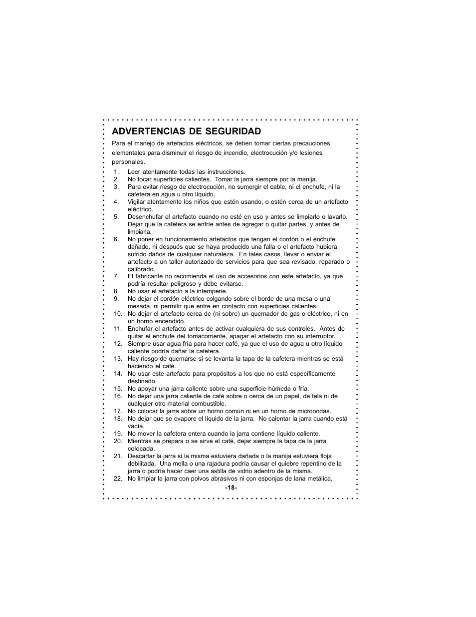 Advertencias de seguridad | DeLonghi Coffee Makers User Manual | Page 18 / 38