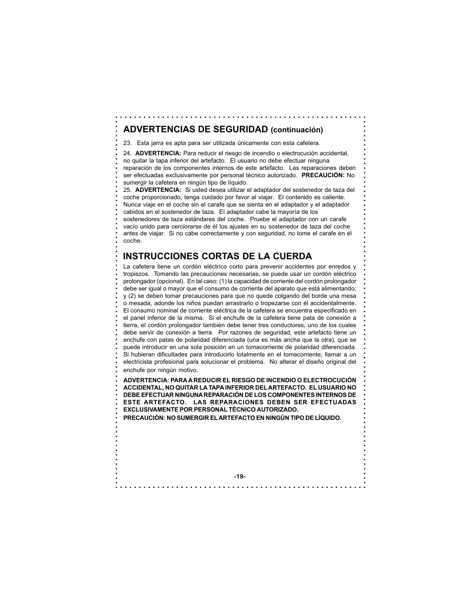 Advertencias de seguridad, Instrucciones cortas de la cuerda | DeLonghi Coffee Makers User Manual | Page 19 / 38