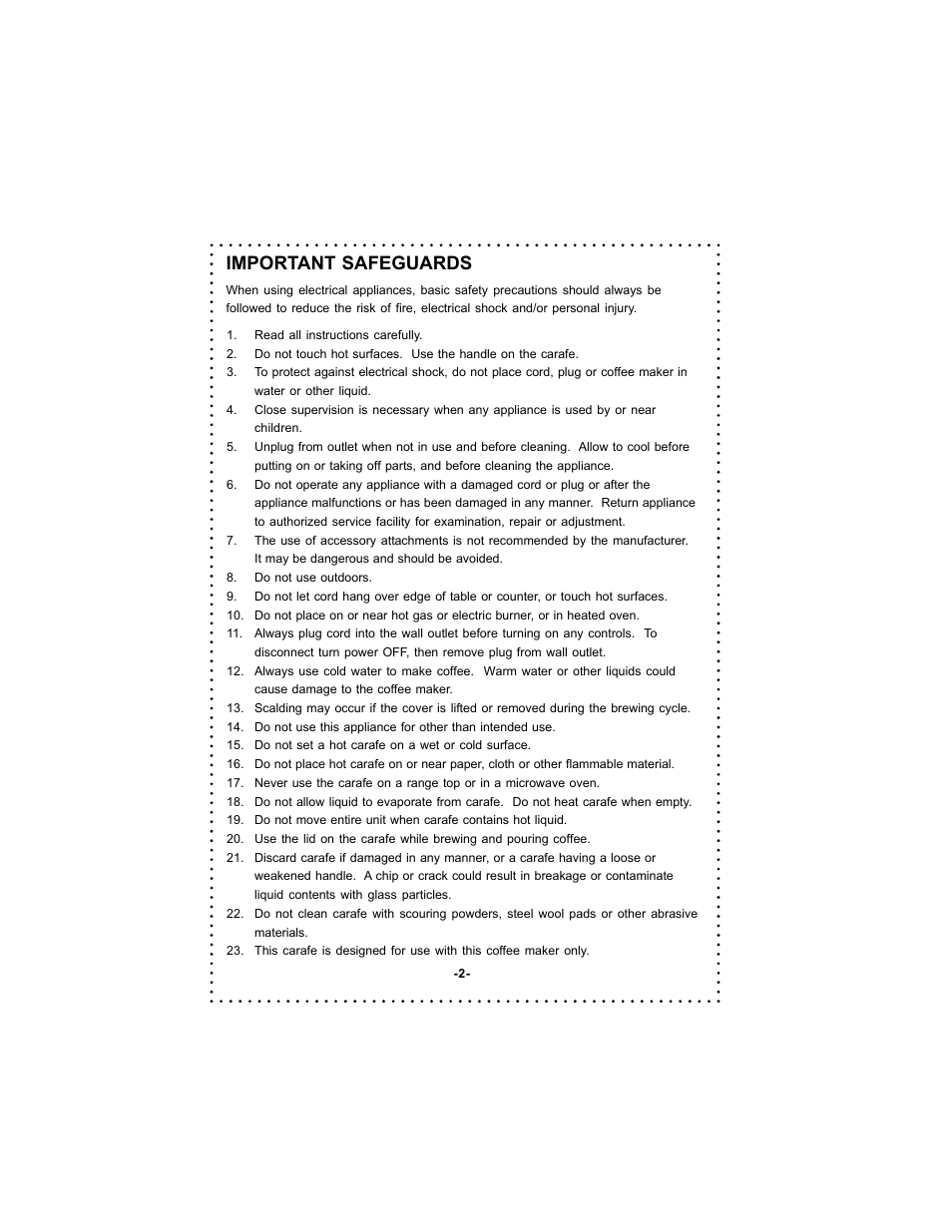 Important safeguards | DeLonghi Coffee Makers User Manual | Page 2 / 38