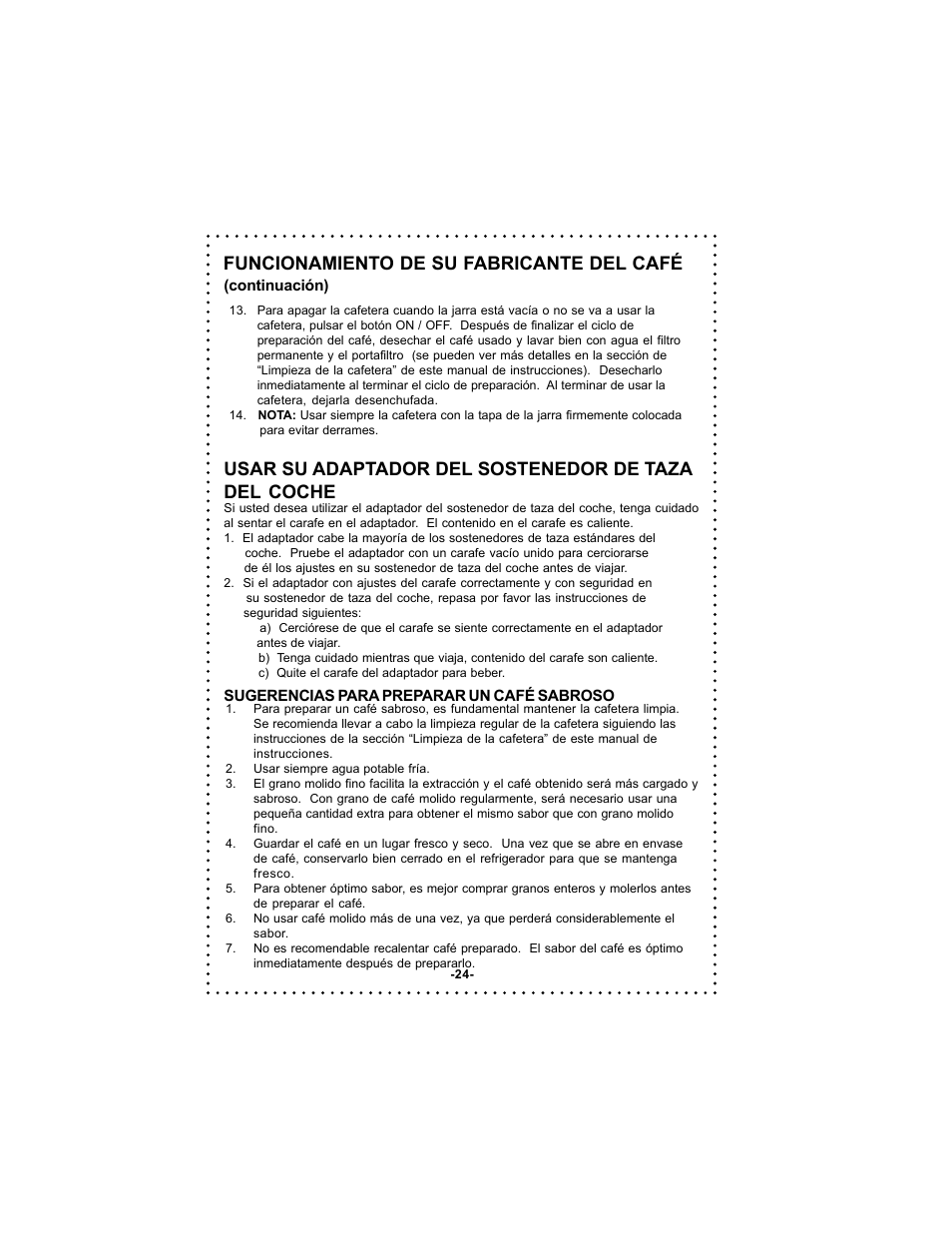 Funcionamiento de su fabricante del café, Usar su adaptador del sostenedor de taza del coche | DeLonghi Coffee Makers User Manual | Page 24 / 38