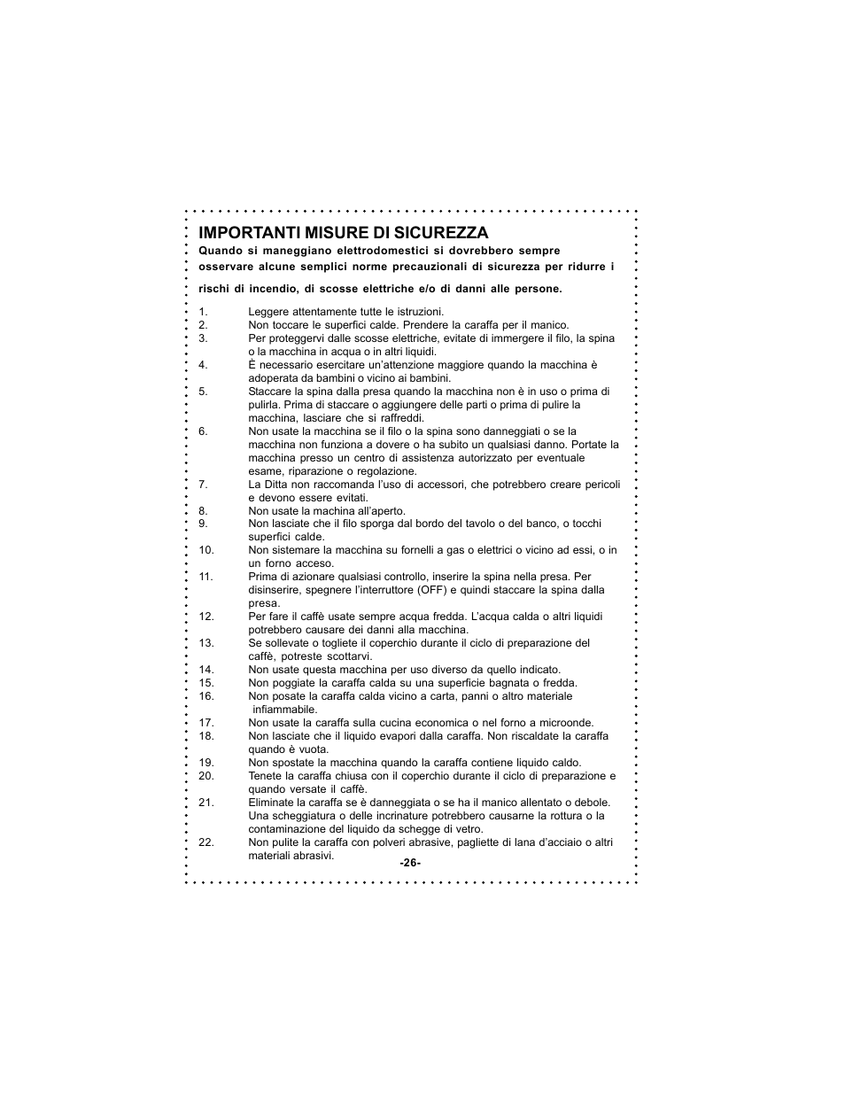Importanti misure di sicurezza | DeLonghi Coffee Makers User Manual | Page 26 / 38