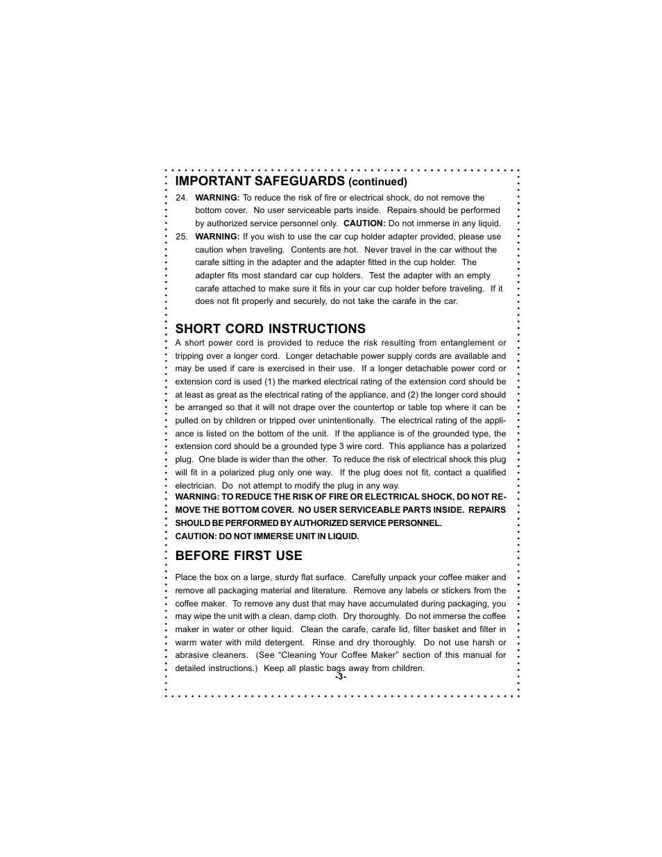 Before first use, Important safeguards, Short cord instructions | DeLonghi Coffee Makers User Manual | Page 3 / 38