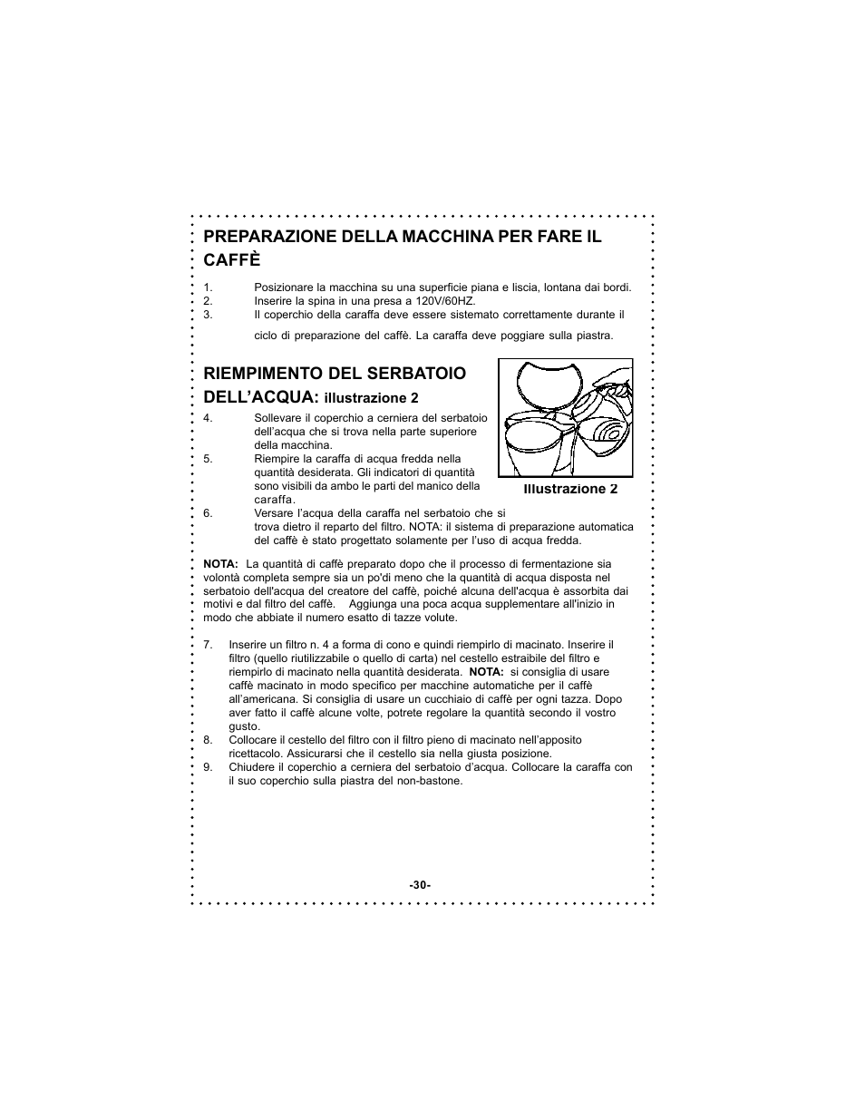 Preparazione della macchina per fare il caffè, Riempimento del serbatoio dell’acqua | DeLonghi Coffee Makers User Manual | Page 30 / 38