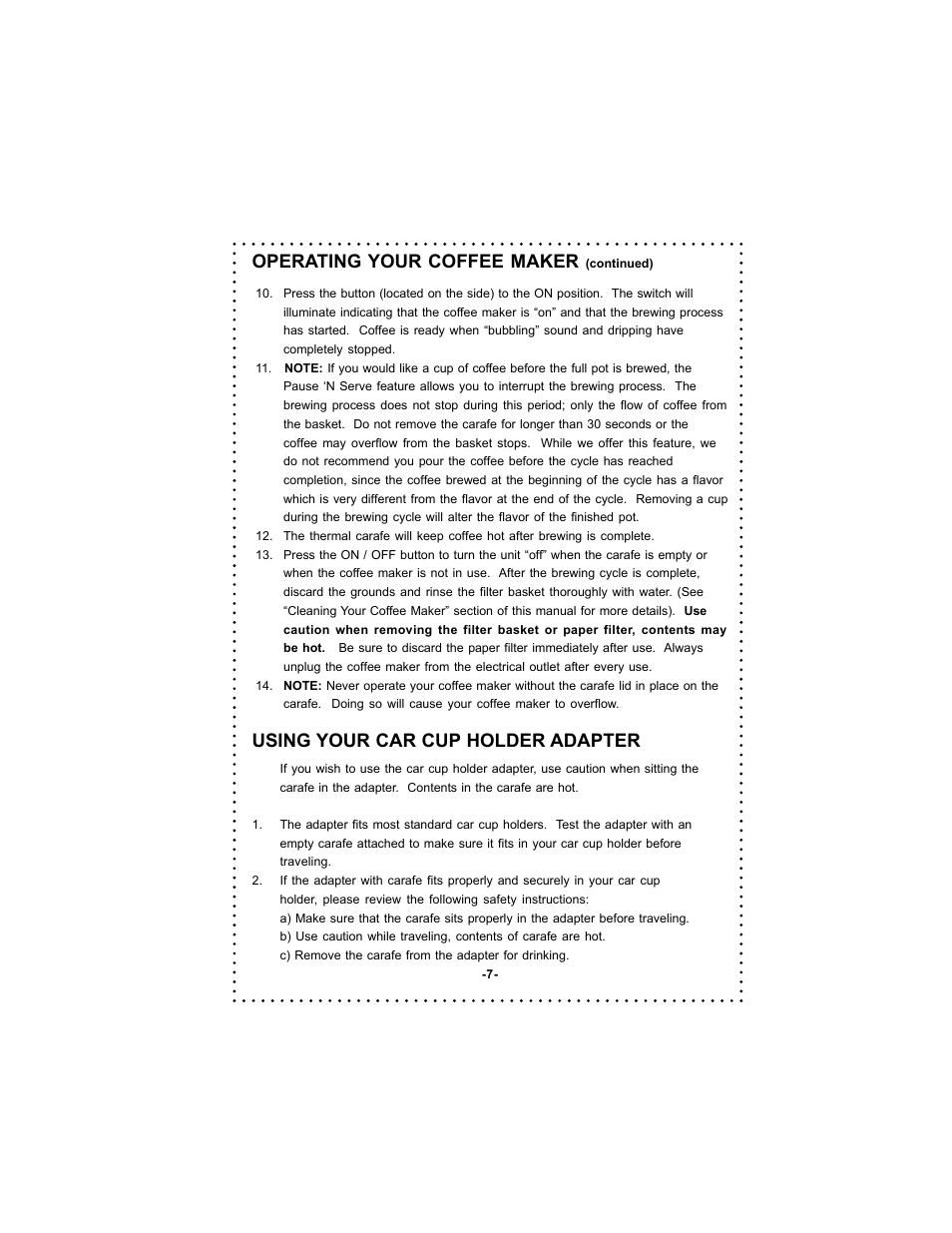 Operating your coffee maker, Using your car cup holder adapter | DeLonghi Coffee Makers User Manual | Page 7 / 38
