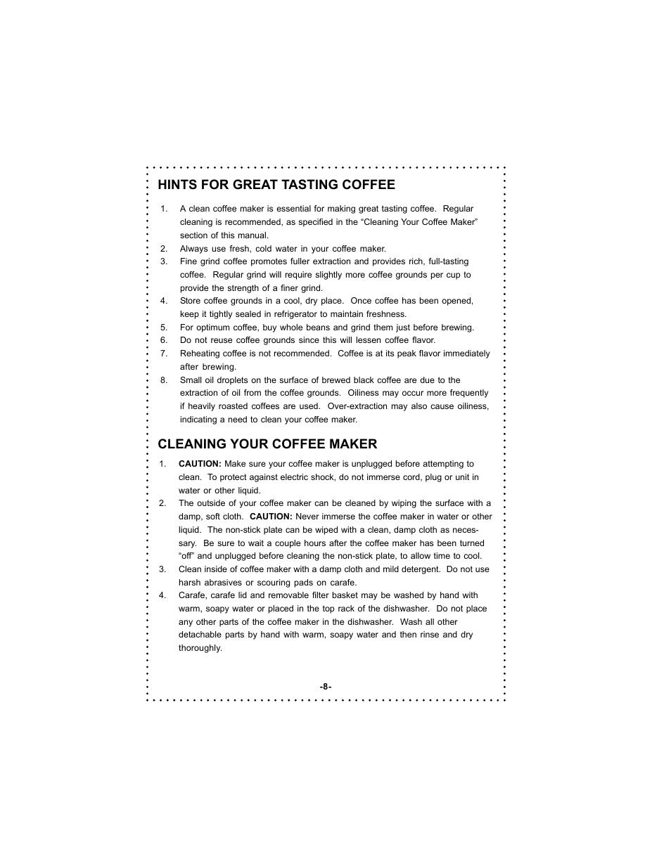 Hints for great tasting coffee, Cleaning your coffee maker | DeLonghi Coffee Makers User Manual | Page 8 / 38