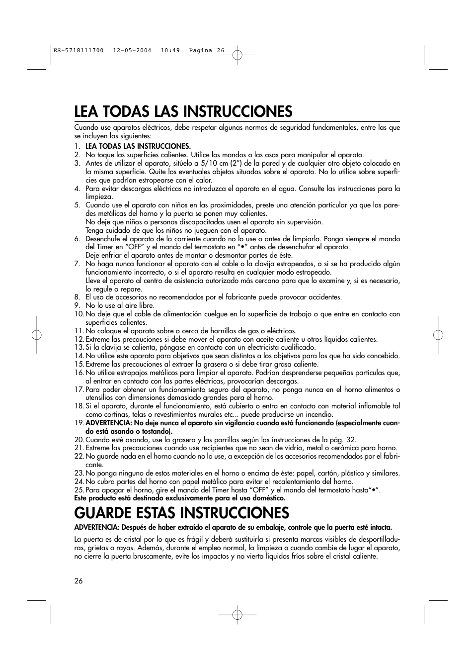 Lea todas las instrucciones, Guarde estas instrucciones | DeLonghi EO1200 Series User Manual | Page 15 / 46