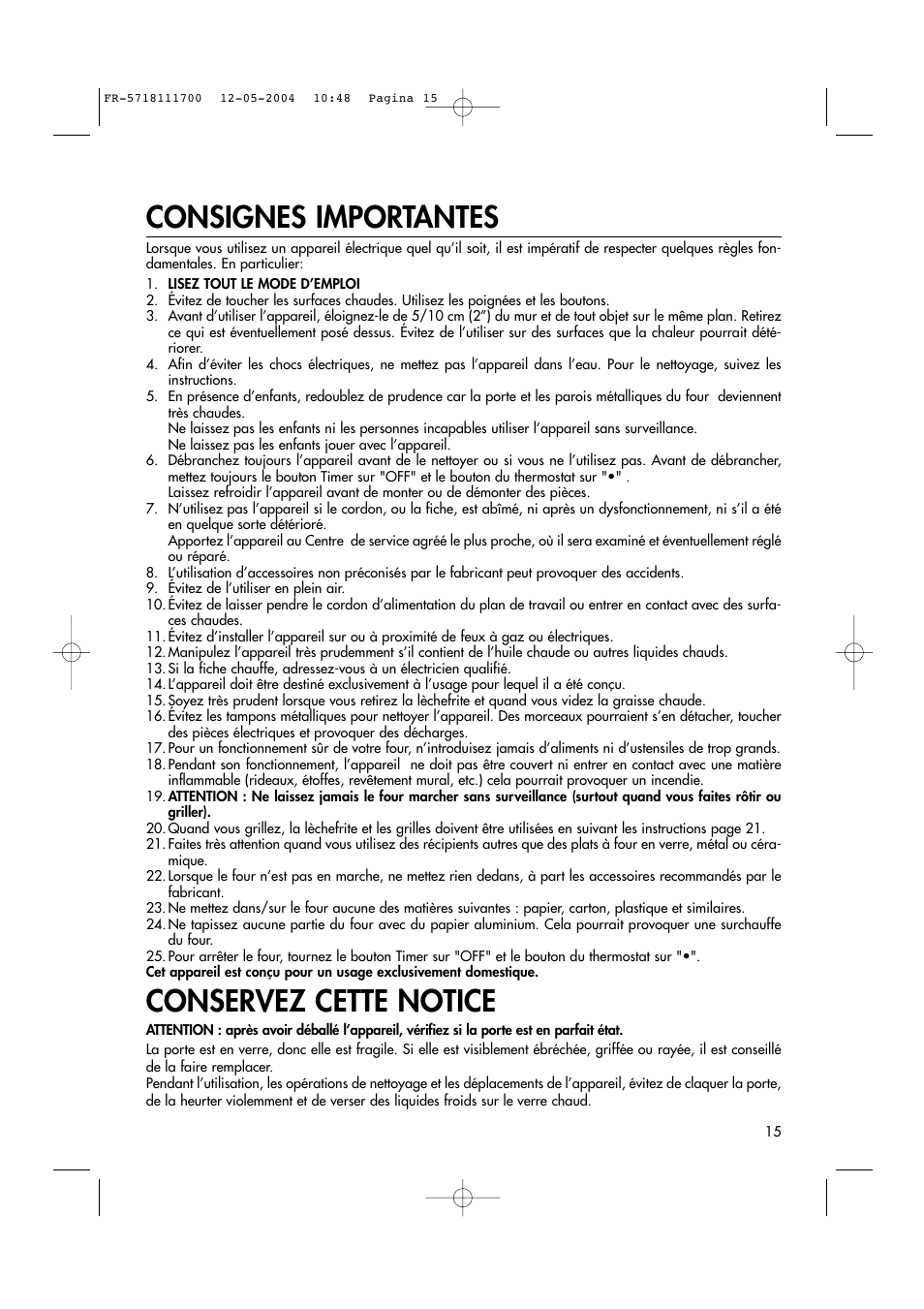 Consignes importantes, Conservez cette notice | DeLonghi EO1200 Series User Manual | Page 26 / 46