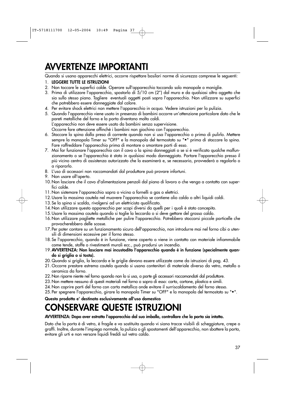 Avvertenze importanti, Conservare queste istruzioni | DeLonghi EO1200 Series User Manual | Page 37 / 46