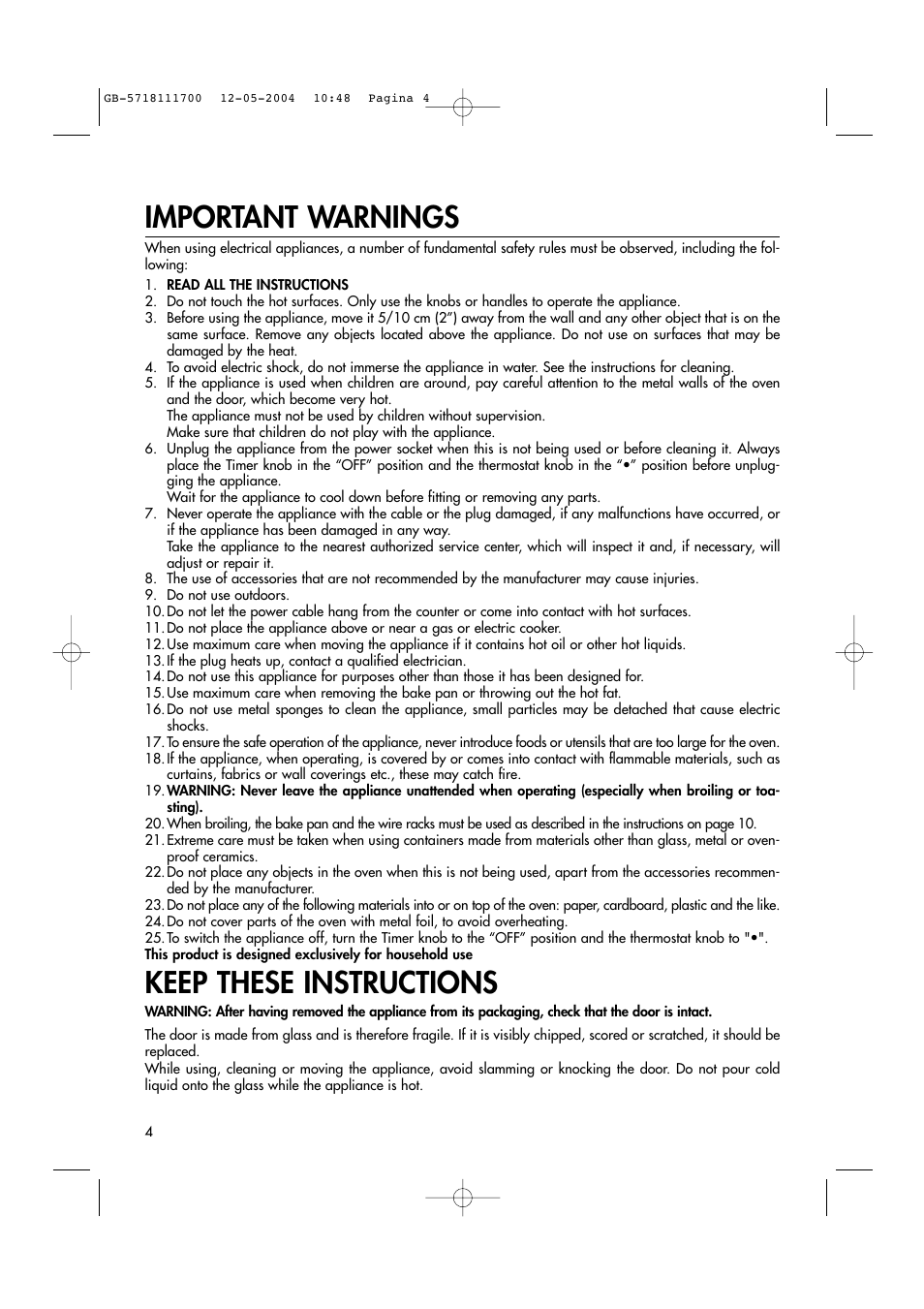 Important warnings, Keep these instructions | DeLonghi EO1200 Series User Manual | Page 4 / 46