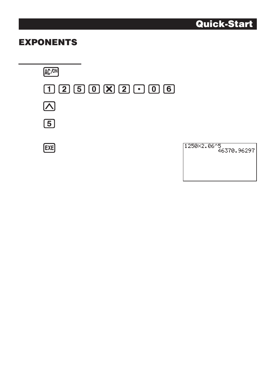 Bcfa*c.ag, Quick-start, Exponents | Casio fx-9750G Getting Acquainted User Manual | Page 10 / 43
