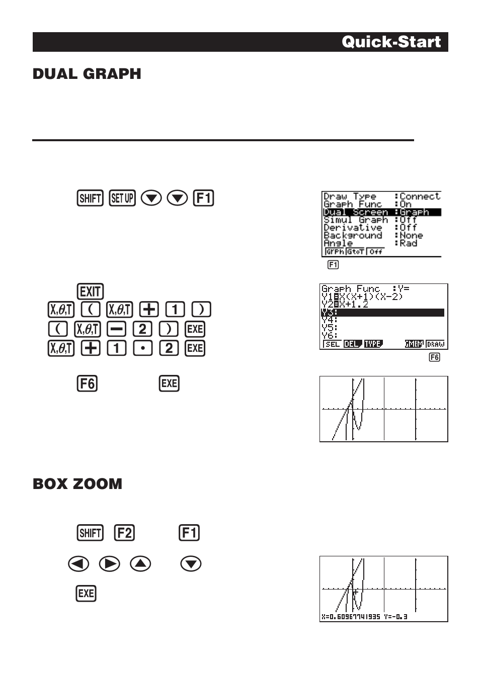 Z cc1, V(v+b) (v-c)w v+b.cw, Quick-start | Dual graph, Box zoom | Casio fx-9750G Getting Acquainted User Manual | Page 13 / 43