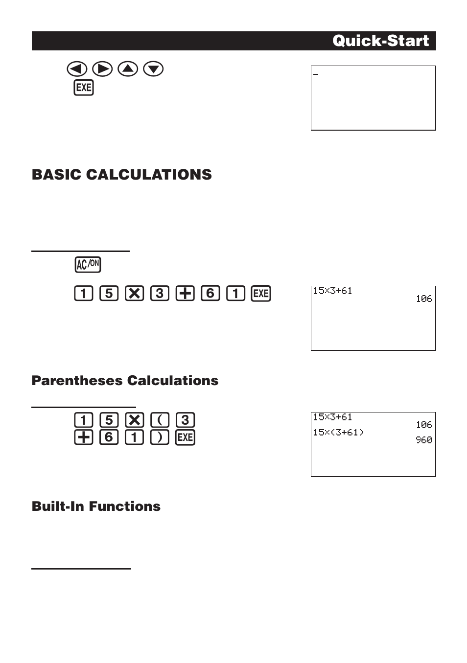 Defc, Bf*d+gbw, Bf*(d +gb)w | Quick-start, Basic calculations, Parentheses calculations, Built-in functions | Casio fx-9750G Getting Acquainted User Manual | Page 7 / 43