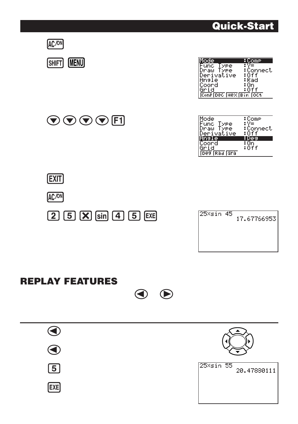 Cf*sefw, Quick-start, Replay features | Casio fx-9750G Getting Acquainted User Manual | Page 8 / 43