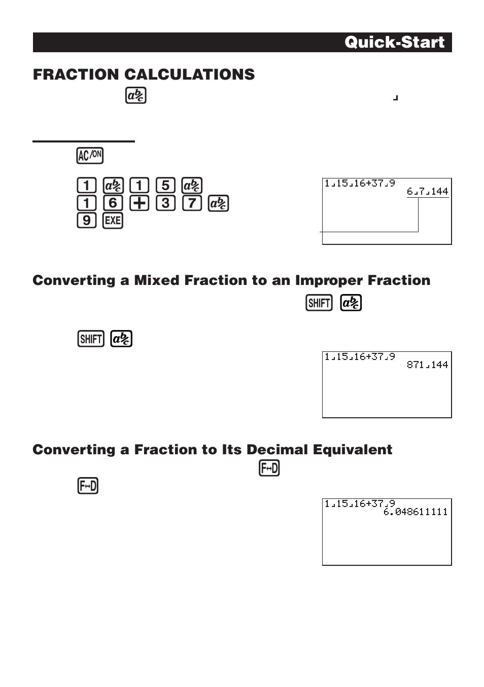 B$bf$ bg+dh$ jw, Quick-start, Fraction calculations | Converting a fraction to its decimal equivalent | Casio fx-9750G Getting Acquainted User Manual | Page 9 / 43