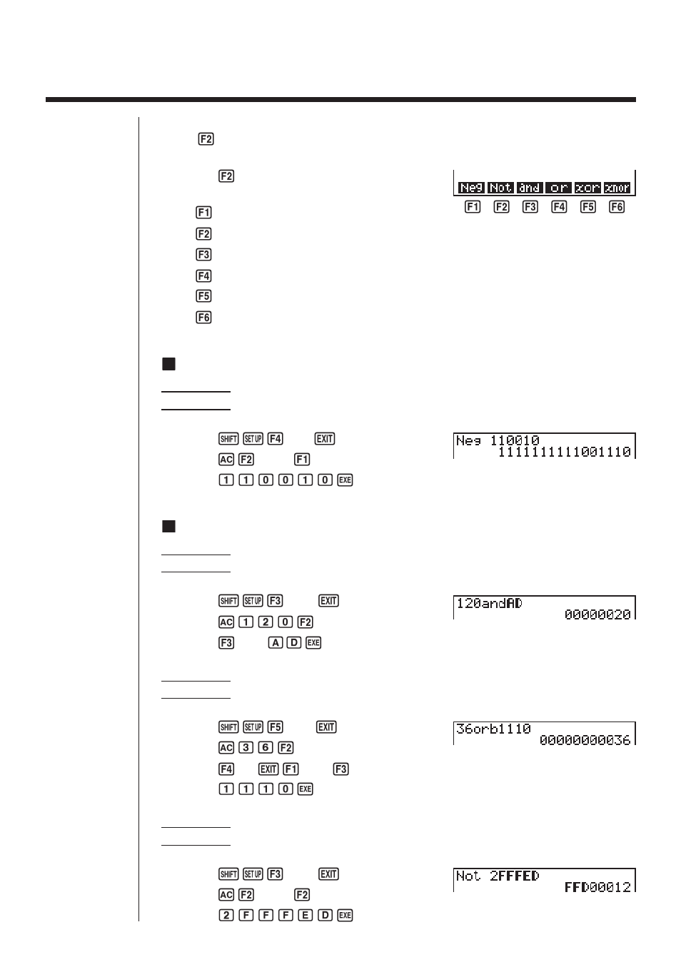 4 negative values and logical operations, Knegative values, Klogical operations | Casio fx-9750G Binary, Octal, Decimal, and Hexadecimal Calculations User Manual | Page 6 / 6