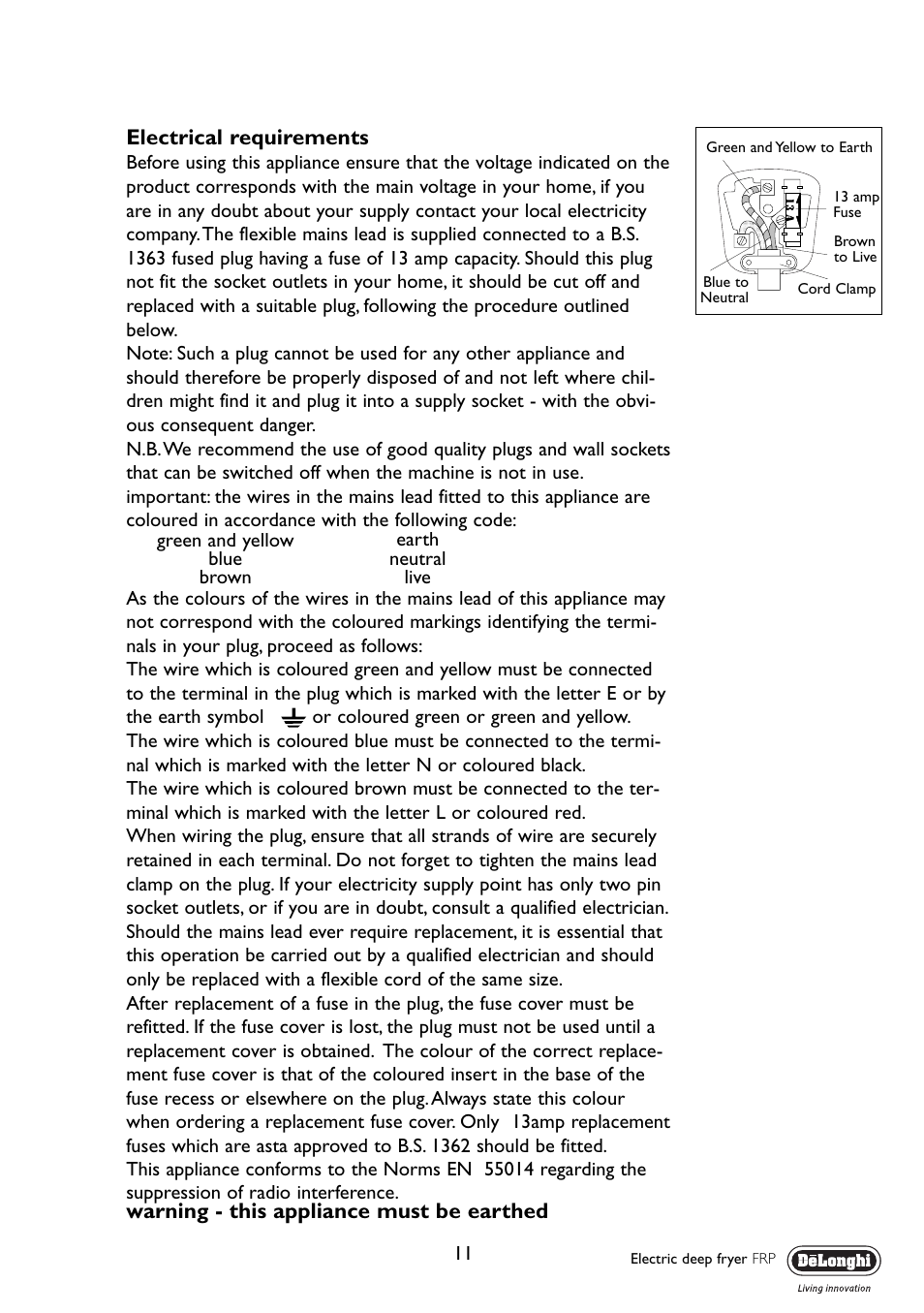 Electrical requirements, Warning - this appliance must be earthed | DeLonghi FRP User Manual | Page 11 / 12