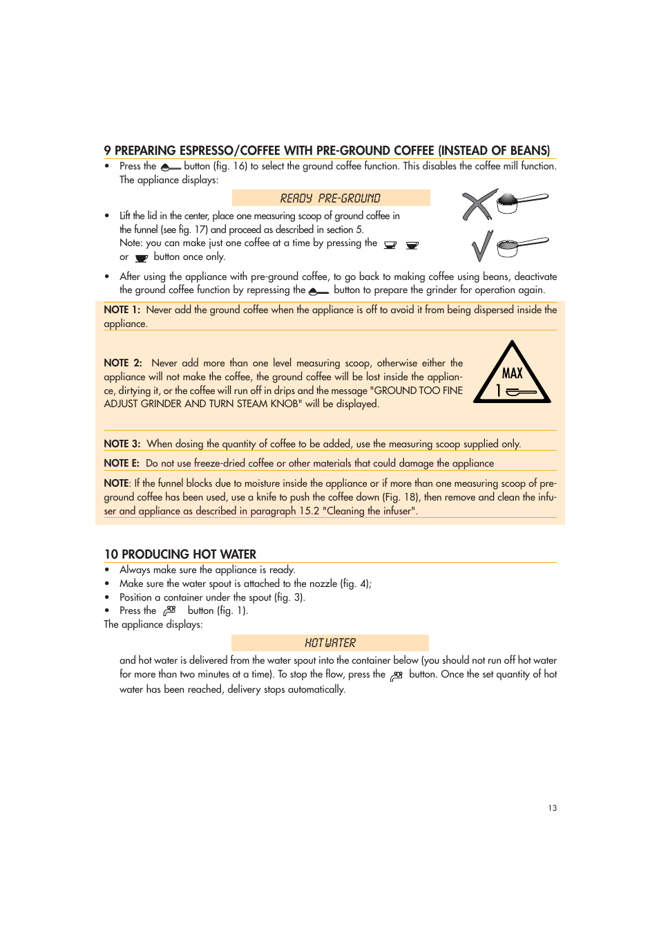 Ready pre-ground, Hot water | DeLonghi EAM3500 User Manual | Page 13 / 23