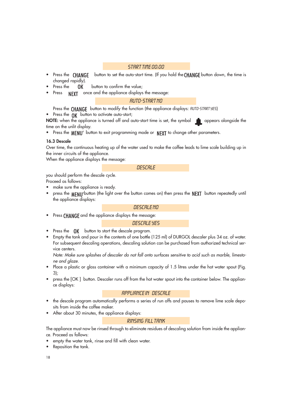 Start time 00:00, Auto-start no, Descale | Descale no, Descale yes, Appliance in descale, Rinsing fill tank | DeLonghi EAM3500 User Manual | Page 18 / 23