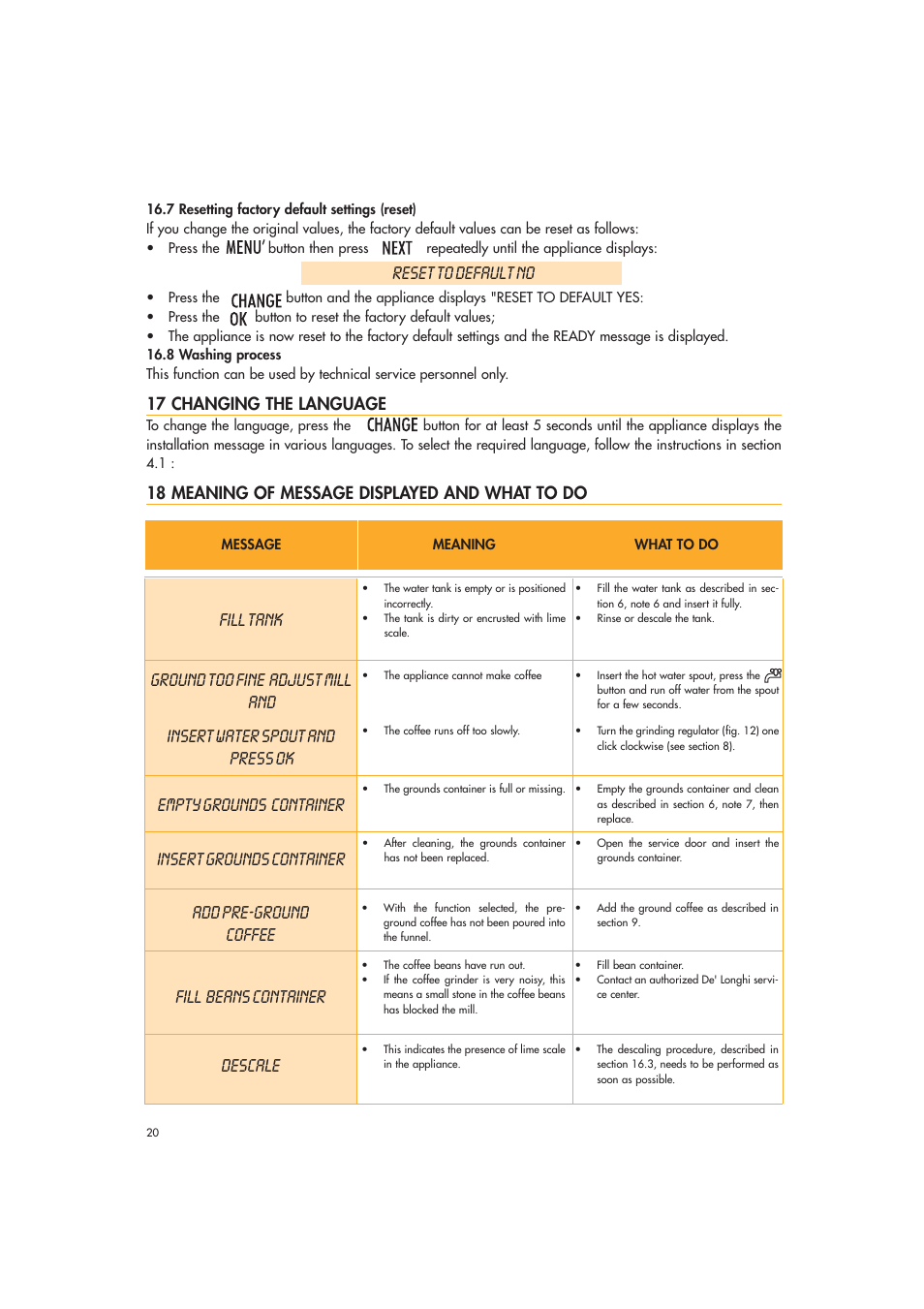 Reset to default no, Add pre-ground coffee, Fill beans container | Descale, Fill tank, Ground too fine adjust mill and, Insert water spout and press ok, Empty grounds container, Insert grounds container, 17 changing the language | DeLonghi EAM3500 User Manual | Page 20 / 23